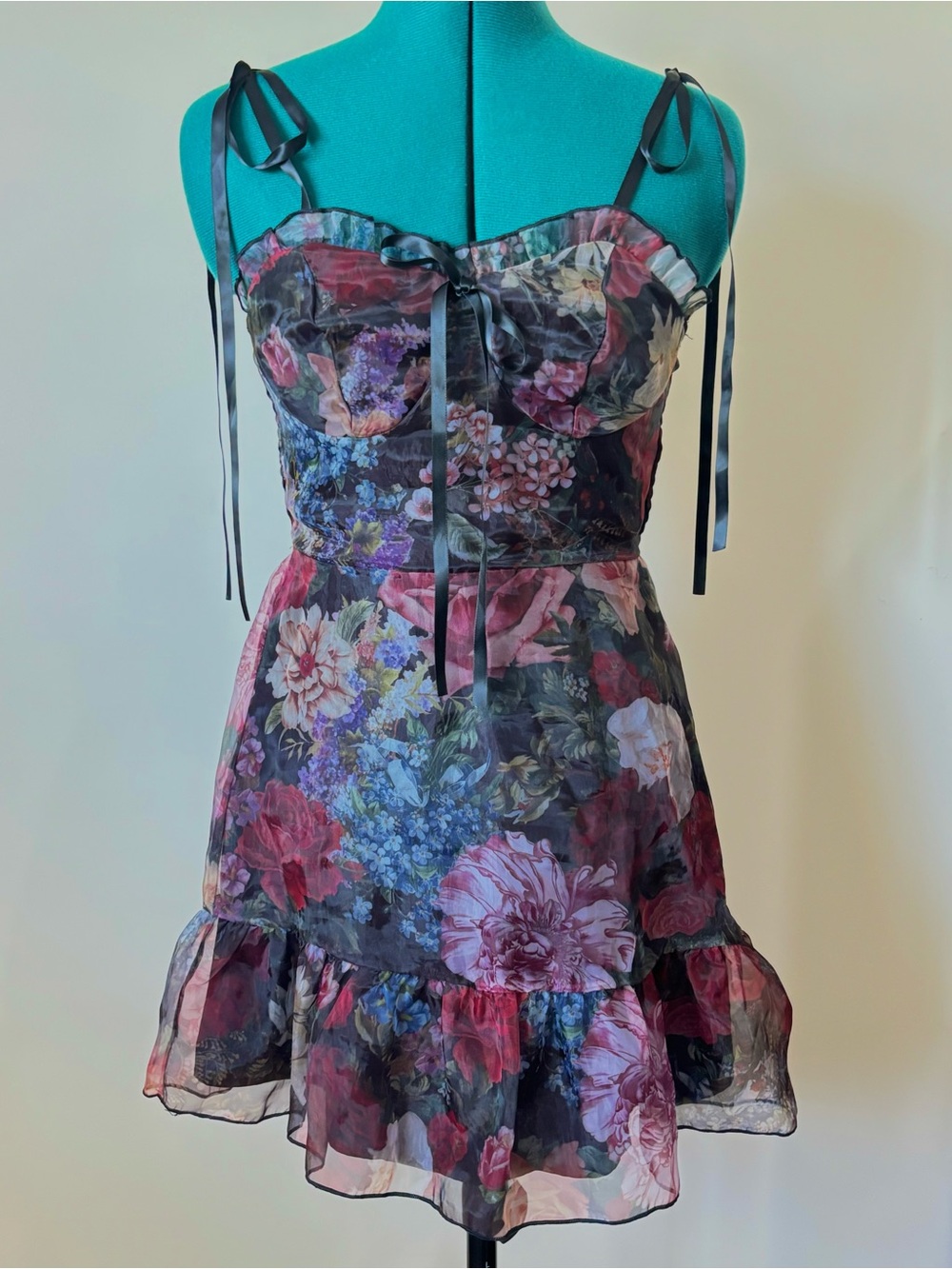 SHEIN Dark Floral Chiffon Mini Dress Ribbon Tie Straps Size S